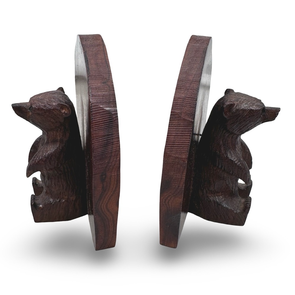 Vintage Hand Carved Wood Brown Bear Bookends Set Rustic Cabin Lodge Decor